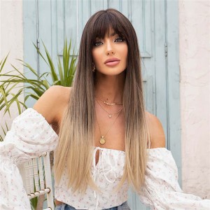 High Quality U.S. Fashion Blunt Bangs Gradient Brown Straight Long Synthetic Women Wig
