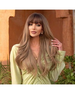 European and American Style Qi Bangs Dyed Brown Long Straight Hair Synthetic Women Wig