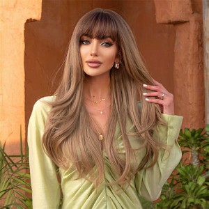 European and American Style Qi Bangs Dyed Brown Long Straight Hair Synthetic Women Wig