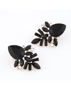 Elegant Black Gems Pieced Floral Ear Studs