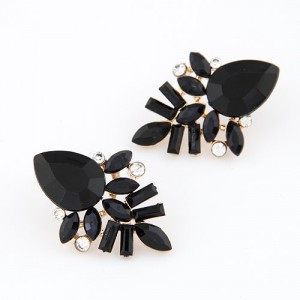 Elegant Black Gems Pieced Floral Ear Studs
