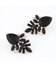 Elegant Black Gems Pieced Floral Ear Studs