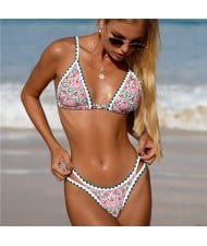 Vintage Ethnic Style Red and Green Floral Bikini Split Women Swimsuit
