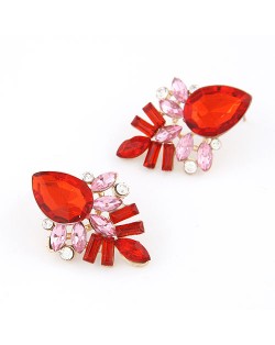 Elegant Red Gems Pieced Floral Ear Studs
