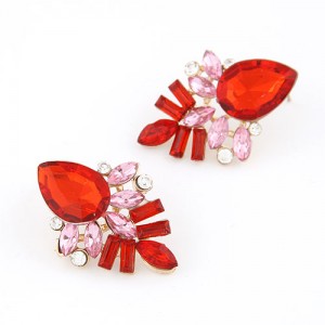 Elegant Red Gems Pieced Floral Ear Studs