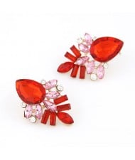 Elegant Red Gems Pieced Floral Ear Studs