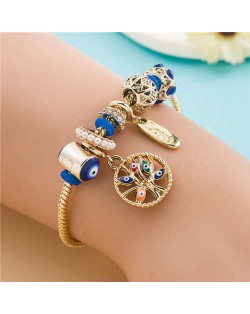 Hollow Metal Ball Beads and Colorful Eyes Tree Multi-element Wholesale Charm Bracelet - Blue