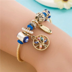Hollow Metal Ball Beads and Colorful Eyes Tree Multi-element Wholesale Charm Bracelet - Blue