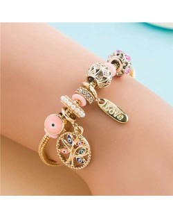 Hollow Metal Ball Beads and Colorful Eyes Tree Multi-element Wholesale Charm Bracelet - Pink