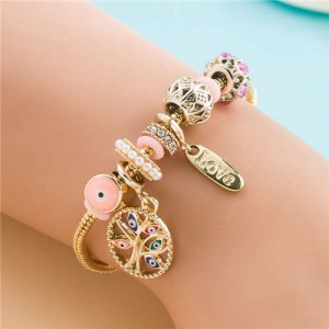 Hollow Metal Ball Beads and Colorful Eyes Tree Multi-element Wholesale Charm Bracelet - Pink
