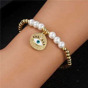 Classic Eye Charm Pearl and Copper Beads Elastic Wholesale Bracelet
