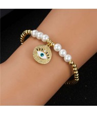 Classic Eye Charm Pearl and Copper Beads Elastic Wholesale Bracelet
