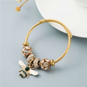 Glistening Cubic Zirconia Beads Bee Charm Pendant Women Wholesale Fashion Bangle - White