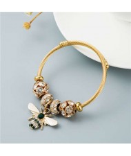 Glistening Cubic Zirconia Beads Bee Charm Pendant Women Wholesale Fashion Bangle - White