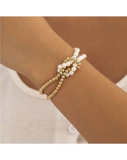 Alloy Beads and Pearl Combo Unique Design Women Wholesale Costume Bracelet - Golden