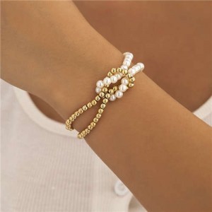 Alloy Beads and Pearl Combo Unique Design Women Wholesale Costume Bracelet - Golden