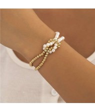 Alloy Beads and Pearl Combo Unique Design Women Wholesale Costume Bracelet - Golden