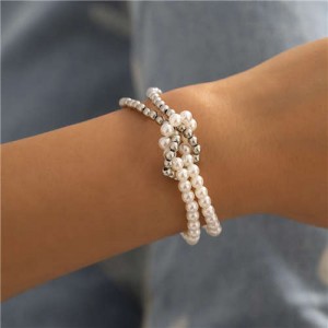 Alloy Beads and Pearl Combo Unique Design Women Wholesale Costume Bracelet - Silver