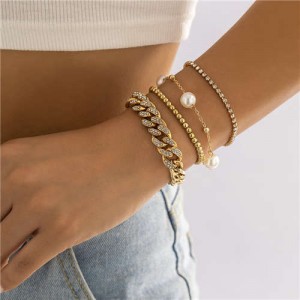 Hip Hop Style Rhinestone Pearl Cuban Chain Multilayer Wholesale Bracelets Set - Golden