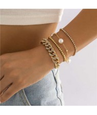 Hip Hop Style Rhinestone Pearl Cuban Chain Multilayer Wholesale Bracelets Set - Golden