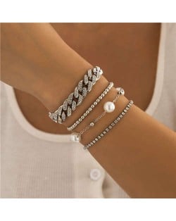 Hip Hop Style Rhinestone Pearl Cuban Chain Multilayer Wholesale Bracelets Set - Silver