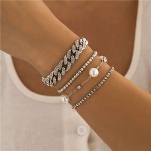 Hip Hop Style Rhinestone Pearl Cuban Chain Multilayer Wholesale Bracelets Set - Silver