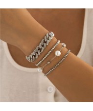 Hip Hop Style Rhinestone Pearl Cuban Chain Multilayer Wholesale Bracelets Set - Silver