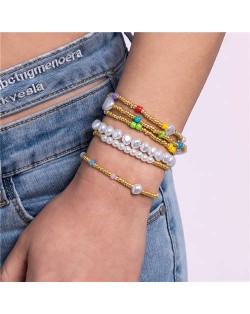 Golden Color Beads and Pearl Chain Combo Boho Fashion Multilayer Wholesale Women Bracelet