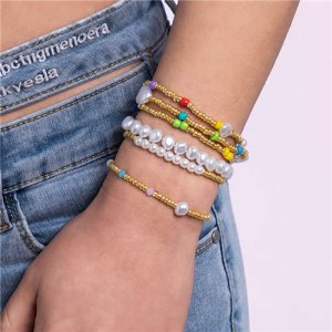 Golden Color Beads and Pearl Chain Combo Boho Fashion Multilayer Wholesale Women Bracelet