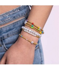 Golden Color Beads and Pearl Chain Combo Boho Fashion Multilayer Wholesale Women Bracelet