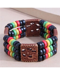 Trendy Bohemian Ethnic Colorful Wooden Beads Floral Theme Wide Wholesale Bracelet