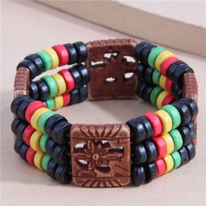 Trendy Bohemian Ethnic Colorful Wooden Beads Floral Theme Wide Wholesale Bracelet