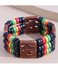 Trendy Bohemian Ethnic Colorful Wooden Beads Floral Theme Wide Wholesale Bracelet