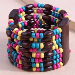 Ethnic Bohemian Style Colorful Wooden Beads Wide Bracelet
