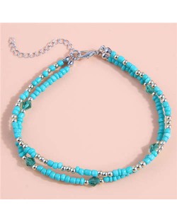 Ethnic Style Blue Beads Two-layers Women Statement Wholesale Anklet