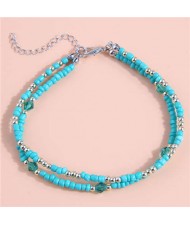 Ethnic Style Blue Beads Two-layers Women Statement Wholesale Anklet