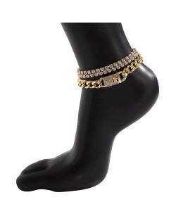 Vintage Style Shining Rhinestone Three-layers Chain Fashion Anklet - Golden