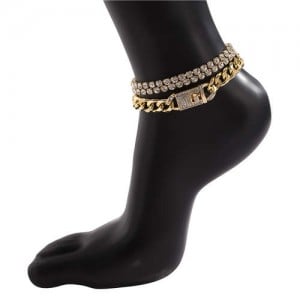 Vintage Style Shining Rhinestone Three-layers Chain Fashion Anklet - Golden