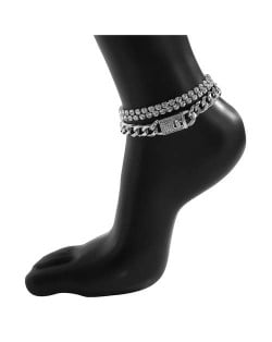 Vintage Style Shining Rhinestone Three-layers Chain Fashion Anklet - Silver