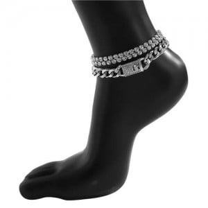 Vintage Style Shining Rhinestone Three-layers Chain Fashion Anklet - Silver