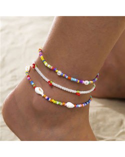 Ethnic Style Shell Multicolor Beads Beach Fashion Three-layers Wholesale Anklet