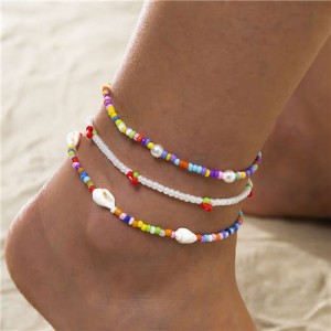 Ethnic Style Shell Multicolor Beads Beach Fashion Three-layers Wholesale Anklet
