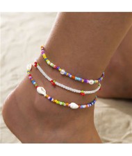 Ethnic Style Shell Multicolor Beads Beach Fashion Three-layers Wholesale Anklet
