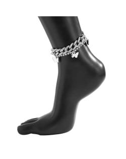 Vintage Butterfly Glistening Rhinestone Double-layers Women Anklet - Silver