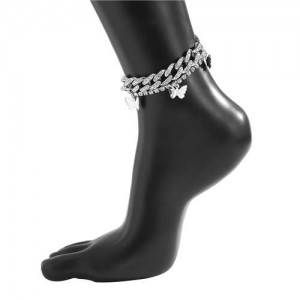 Vintage Butterfly Glistening Rhinestone Double-layers Women Anklet - Silver