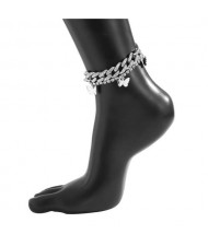 Vintage Butterfly Glistening Rhinestone Double-layers Women Anklet - Silver