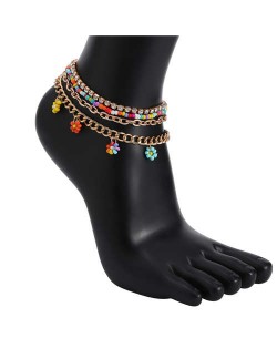 Small Flowers Pendant Colorful Beads and Rhinestone Chain Combo Four-layers Boho Fashion Wholesale Anklet