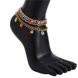 Small Flowers Pendant Colorful Beads and Rhinestone Chain Combo Four-layers Boho Fashion Wholesale Anklet