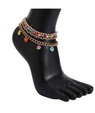 Small Flowers Pendant Colorful Beads and Rhinestone Chain Combo Four-layers Boho Fashion Wholesale Anklet