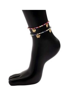 Vintage Alloy Butterfly Pendants Colorful Beads Two-layers Women Wholesale Anklet
